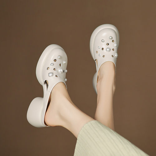 夏季踩屎感厚底圆头包头半拖鞋