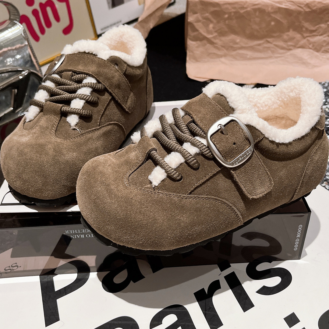 小个子简约通勤厚底绒面毛毛鞋女2025秋冬新款复古风小众勃肯棉鞋