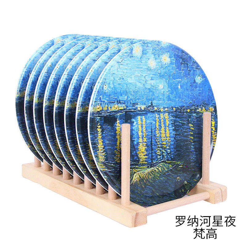 世界名画隔热餐垫8个装防烫密胺垫仿瓷隔热垫盘子锅垫餐桌垫彩盒
