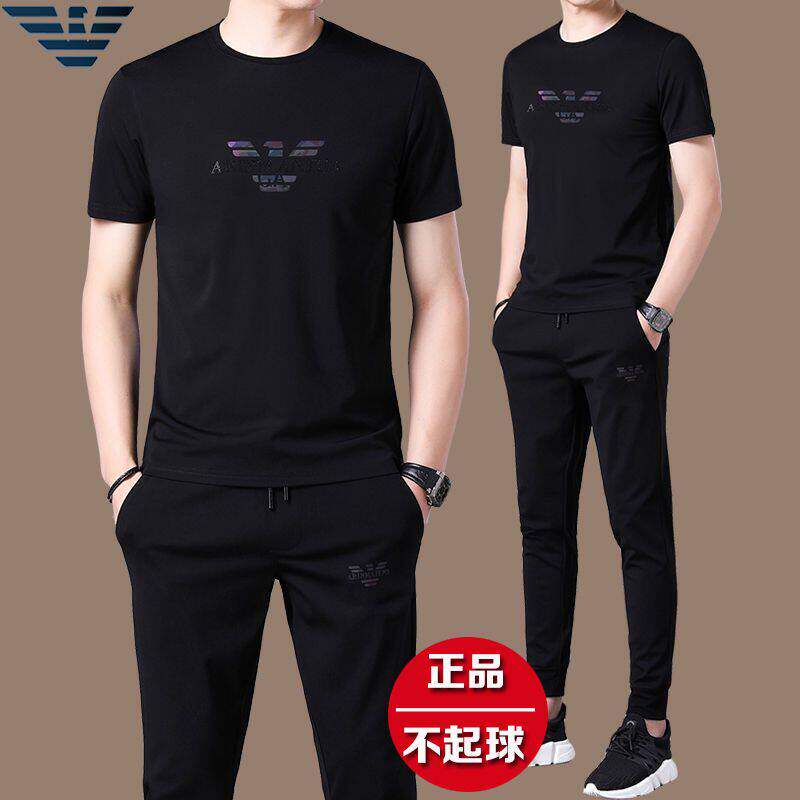 正品意大利夏季男短袖T恤休闲运动跑步套装时尚冰丝男长裤两件套