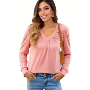 top ruffle solid color pleated Womens sleeve neck loose