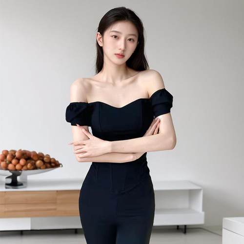 One-shoulder short-sleeved fishbone corset tube top