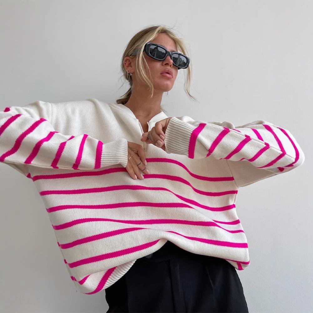Zippered round neck striped sweater womens loose large size