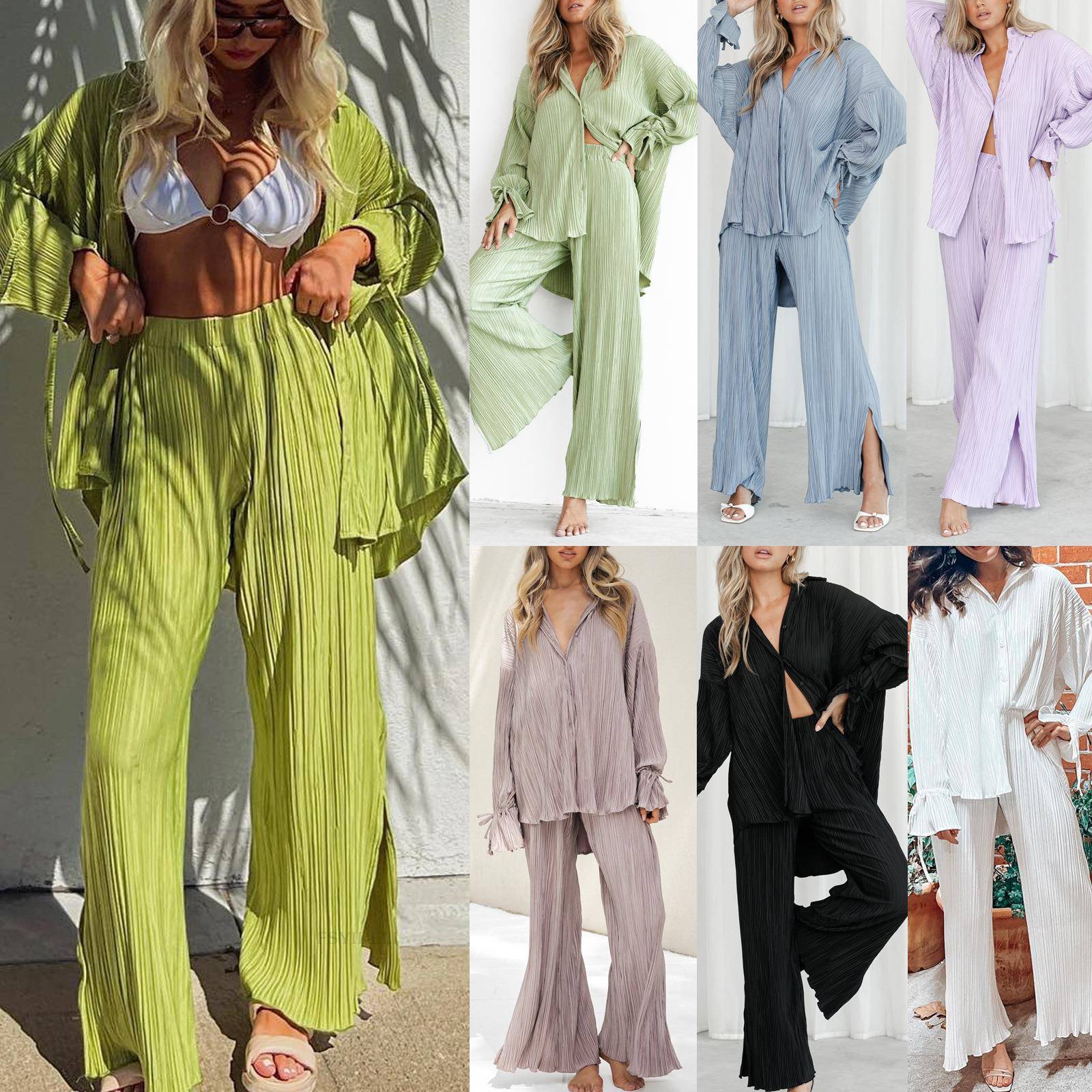 suit two-piece pajamas trousers slit cardigan lapel sleeve