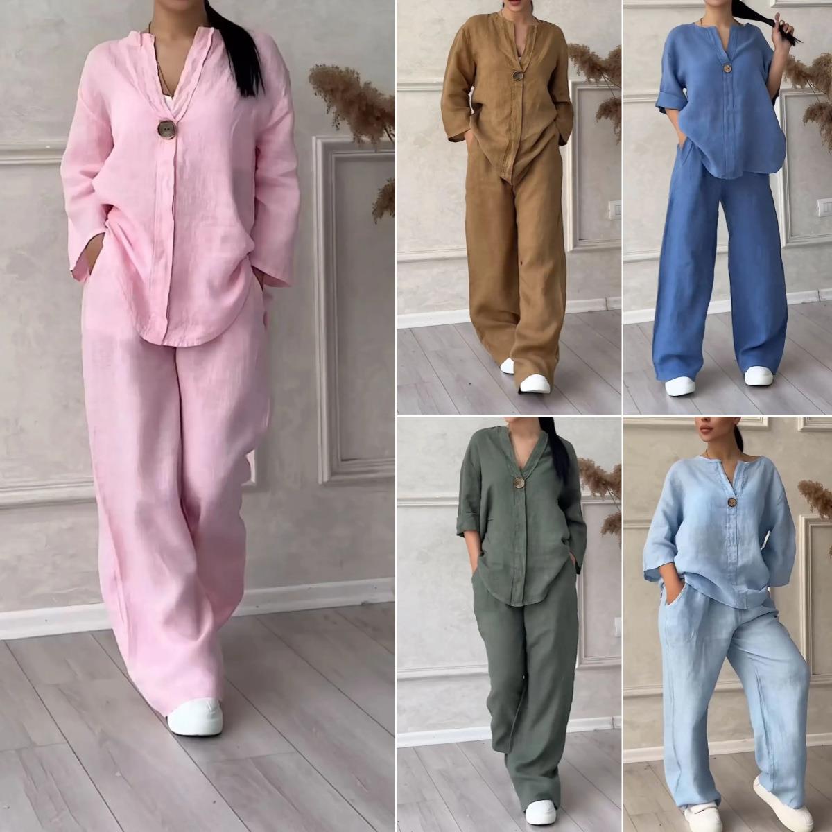 Womens suits linen large high cotton trousers and shirt