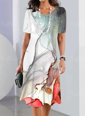 casual size plus skirt A-line short-sleeved pattern marble