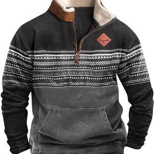 vintage pattern print half zip lapel hoodie men streetwear