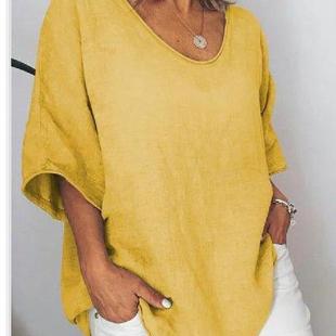 short linen color and Solid cotton sleeved loose casual