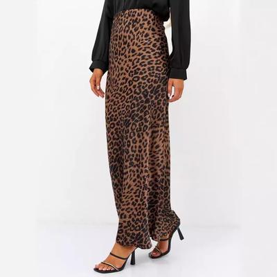 Satin Skirt Sexy Leopard Print Long High Waist Elastic