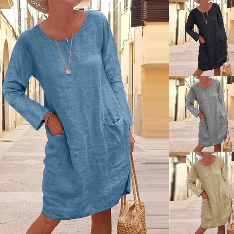 dress linen and cotton neck round sleeve long pocket color