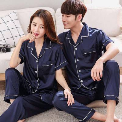 Men and women couple pajamas imitation silk long-sleeved