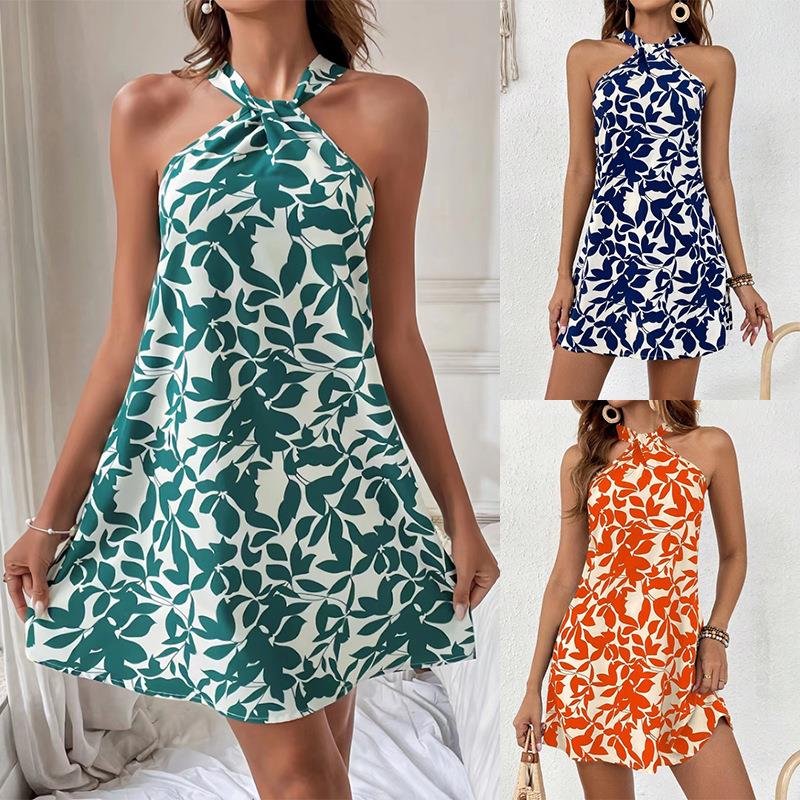 Sleeveless backless short skirt ruffled halter neck dress