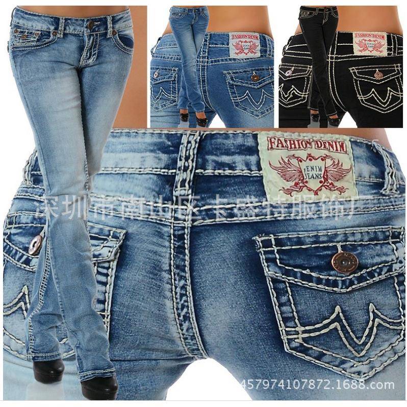 Colorful thread mid-rise thick embroidery pants stretch