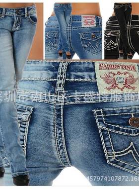 Colorful thread mid-rise thick embroidery pants stretch