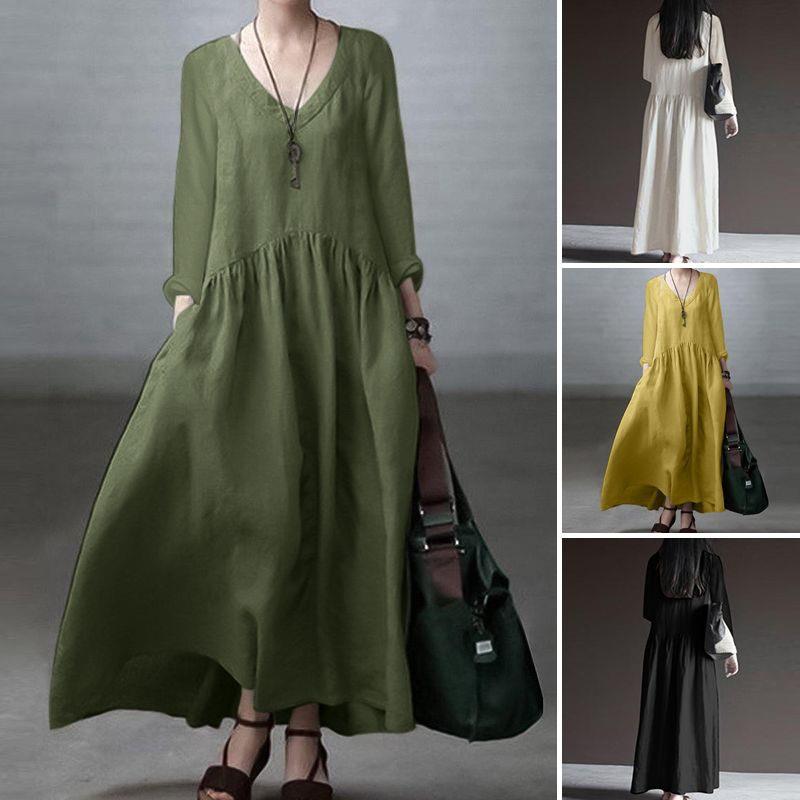elegant women autumn neck long dress vintage solid sundress