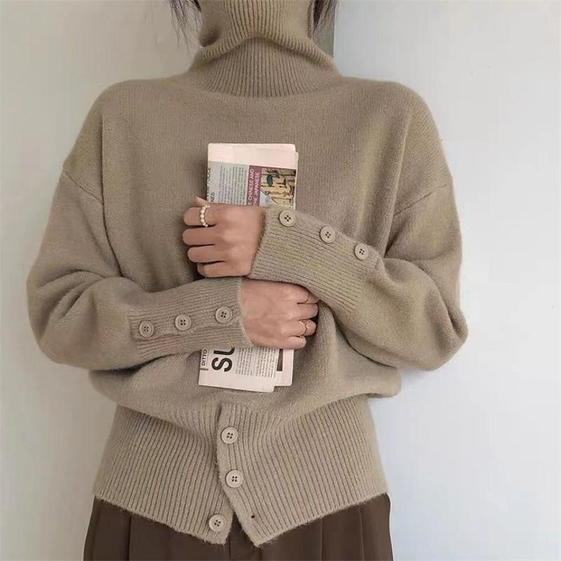 Solid color high collar pullover sweater for women with