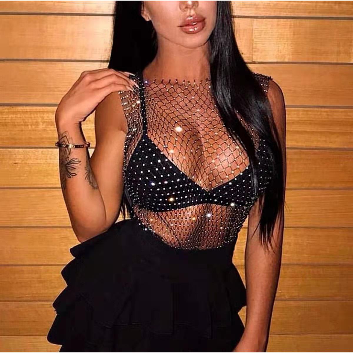 Tempting diamond vest black hot bright fishnet sexy elastic