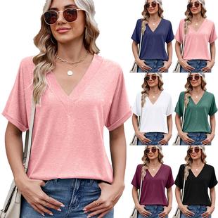 loose short color solid neck tops sleeved shirt large