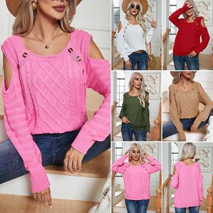 Off Shoulder Long Button Cable Neck Sleeve Knit Square