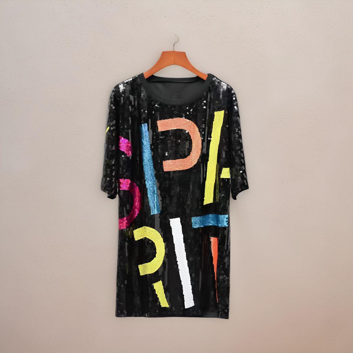 Top Sleeve Half Neck Round T-shirt Loose Sequin Womens