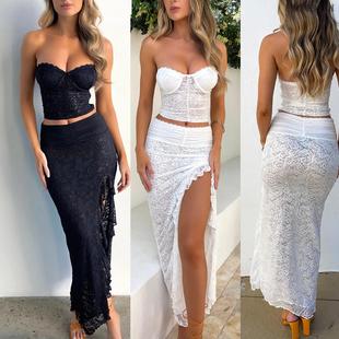 mesh piece women white sexy skirt ruffled long tossy set