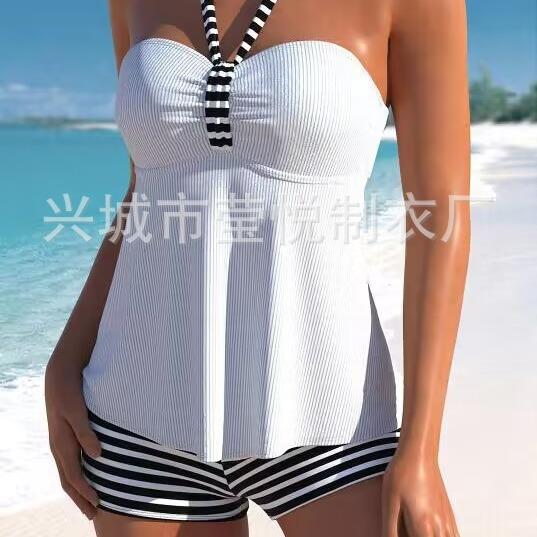 Solid Black and White Striped Off-the-shoulder Swimsuit Set