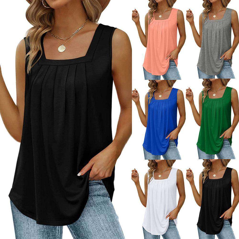Womens vest T-shirt solid color pleated collar all-match top