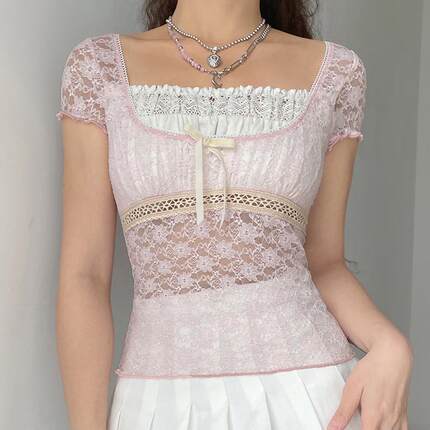 Womens Girlish Pink Lace Stitching Pullover Short Top