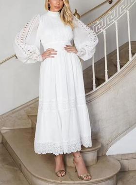 dress long white sleeves lantern lace collar stand women
