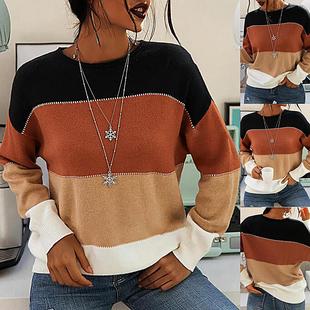 sleeve color long neck round striped Womens contrast