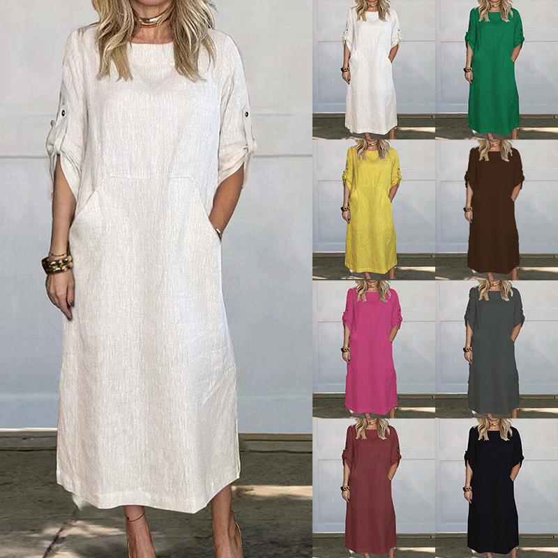 Loose casual solid color short-sleeved cotton and linen