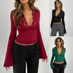 Deep Girl Womens Lace Bottoming Long Shirt Flare shirt