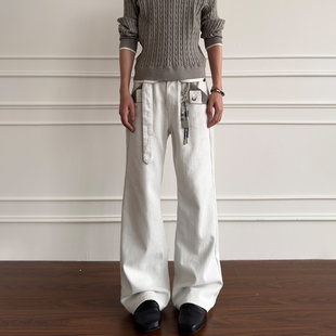 复古cleanfit休闲直筒裤 XCOK秋冬骨白千鸟格弯刀牛仔微喇裤 白美式