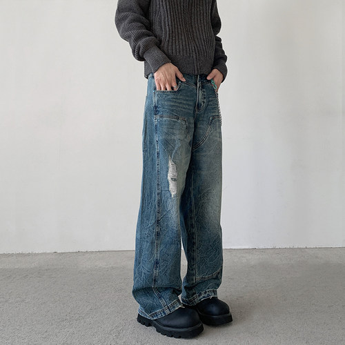 巴黎绿松石水洗蓝工装伐木牛仔裤