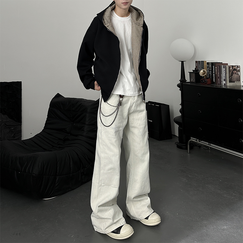 美式复古微脏蓝微喇牛仔裤