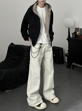 小柯XCOK美式复古微脏蓝设计白色微喇牛仔裤男高街cleanfit直筒裤