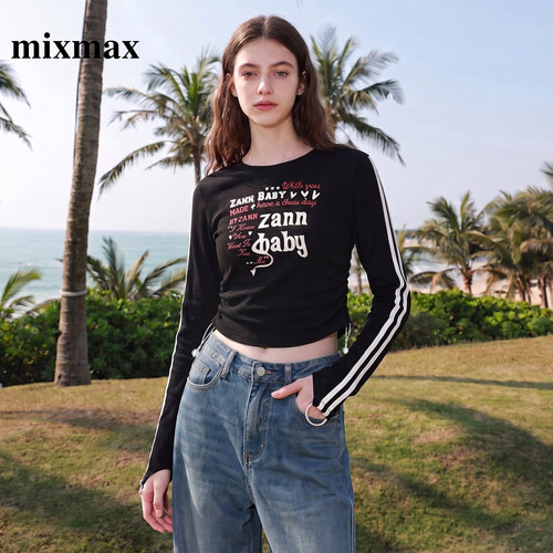 MIXMAX/美姿宝莲甜酷风短款长袖上衣2026秋新款字母印花抽绳棉T恤