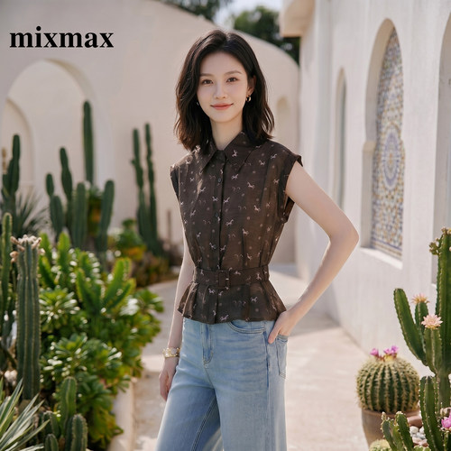 MIXMAX/美姿宝莲莱赛尔复古小马暗纹衬衫2026夏新款收腰无袖上衣