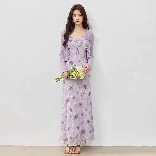 MIXMAX/美姿宝莲2026夏新款高级感水墨碎花吊带裙针织开衫套装女