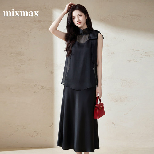 MIXMAX/美姿宝莲2026夏新款黑色缎面套装飘带无袖上衣垂感吊带裙