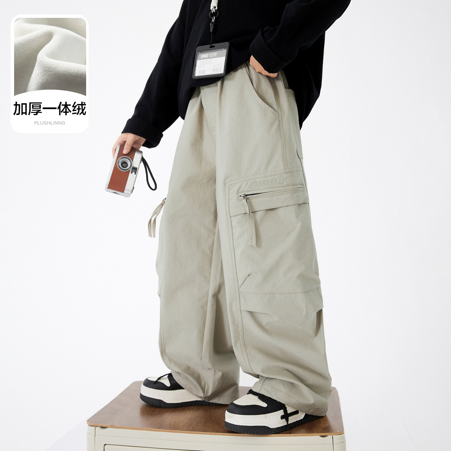 男童秋冬户外加绒工装冲锋裤2025新款青少年儿童加厚宽松直筒裤子