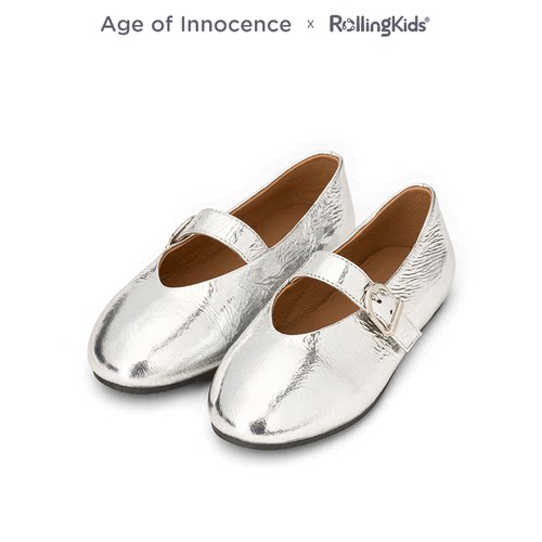 Age of Innocence 女童银色圆头平底复古小皮鞋时尚丨RollingKids