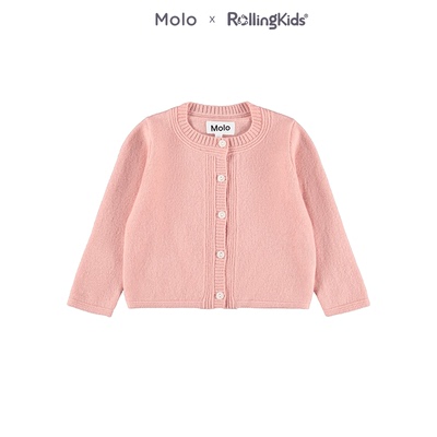 Molo 简约甜美浅粉色针织开衫女圆领毛衣休闲上衣丨RollingKids