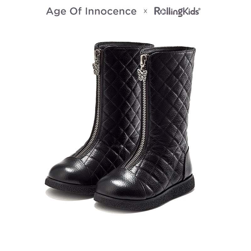 Age of Innocence 菱格纹拉链女靴黑色中筒靴百搭丨RollingKids