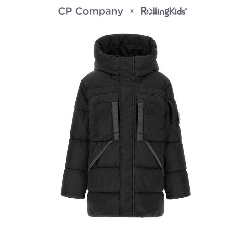 CP Company 儿童黑色连帽中长款羽绒服男童保暖外套丨RollingKids