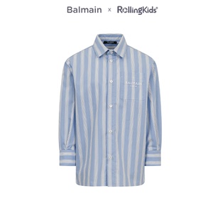 休闲浅蓝色上衣 男女童长袖 RollingKids 简约条纹衬衫 BALMAIN