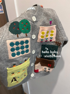 菜园子羊毛开衫儿童毛衣外套线衫针织口袋刺绣男女宝