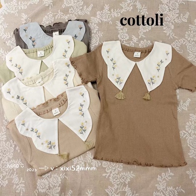 捡漏-日单小木马cottoli刺绣温柔碎花流苏短袖上衣圆领可爱内搭