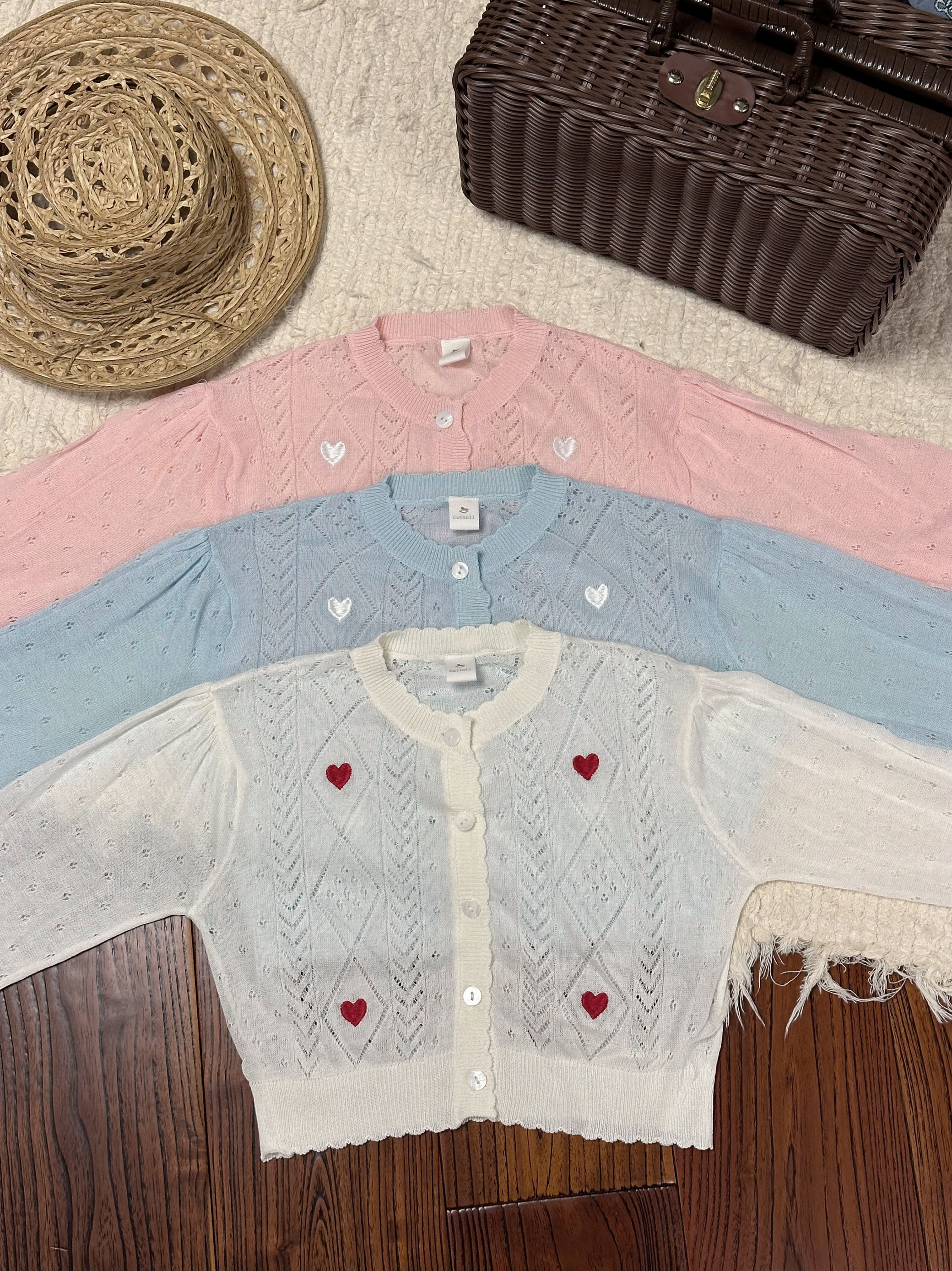 日单cottoli小木马爱心刺绣超薄防晒防蚊外套开衫宽松圆领凉感女