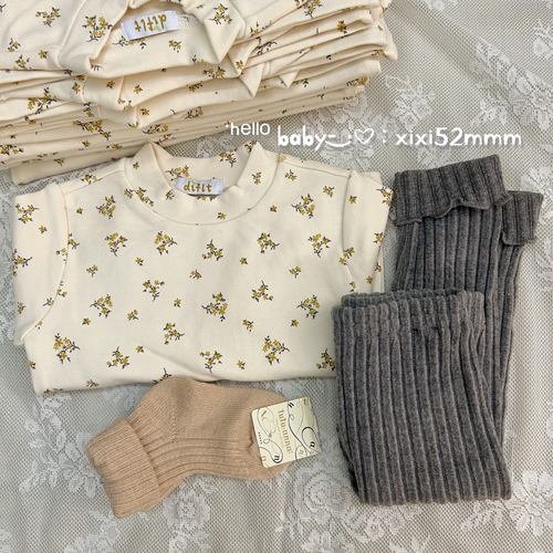 清货-韩单diflt碎花半高领德容打底上衣磨毛长裤子翻边可爱女宝